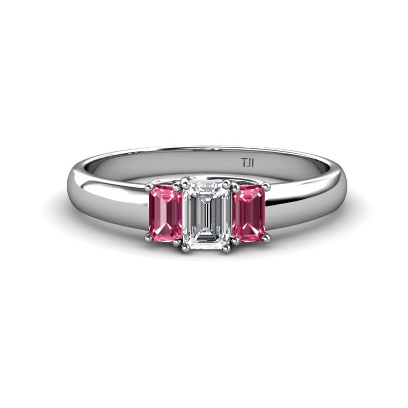 Sharon 6x4 mm Emerald Cut Lab Grown Diamond and Pink Tourmaline Trellis Three Stone Engagement Ring 