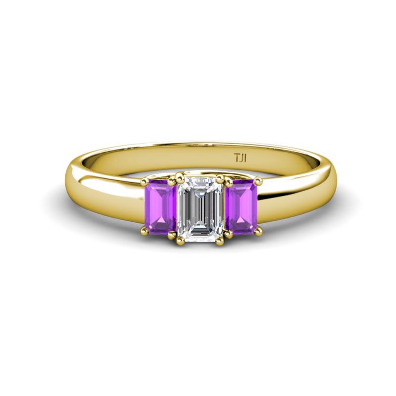 Sharon 6x4 mm Emerald Cut Lab Grown Diamond and Amethyst Trellis Three Stone Engagement Ring 
