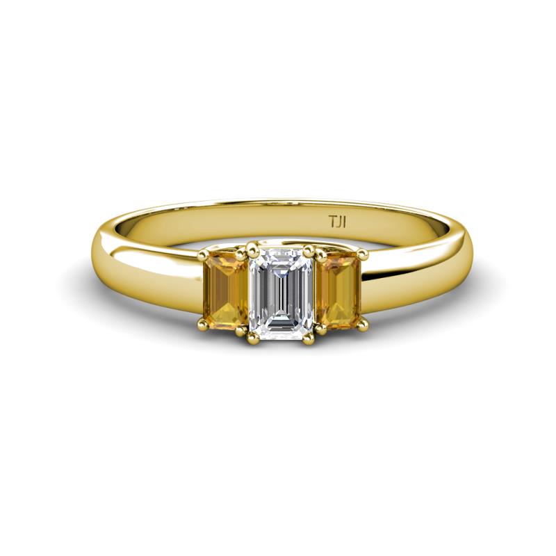 Sharon 6x4 mm Emerald Cut Lab Grown Diamond and Citrine Trellis Three Stone Engagement Ring 