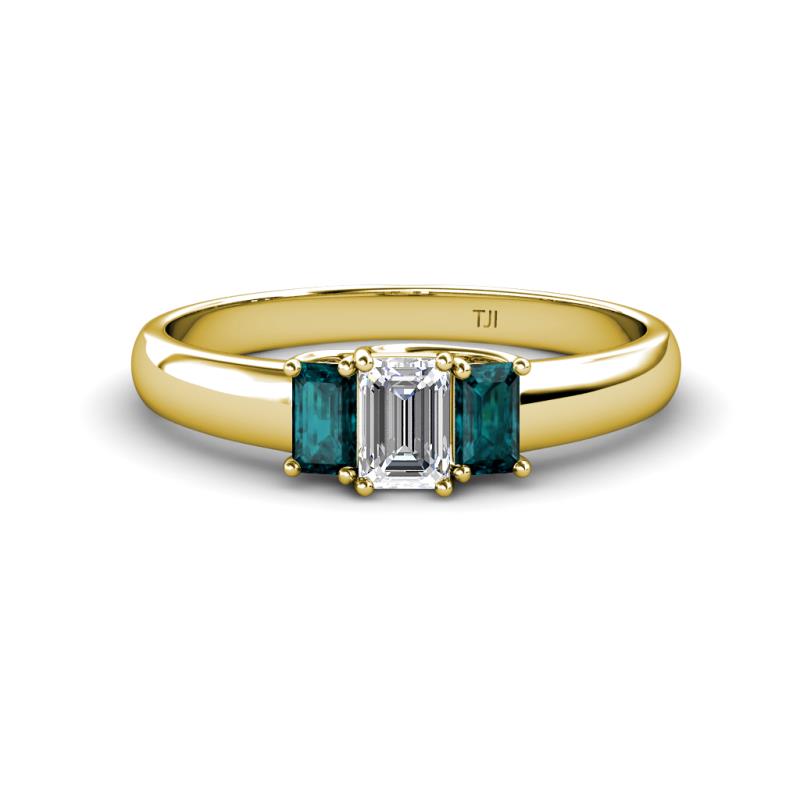 Sharon 6x4 mm Emerald Cut Lab Grown Diamond and London Blue Topaz Trellis Three Stone Engagement Ring 