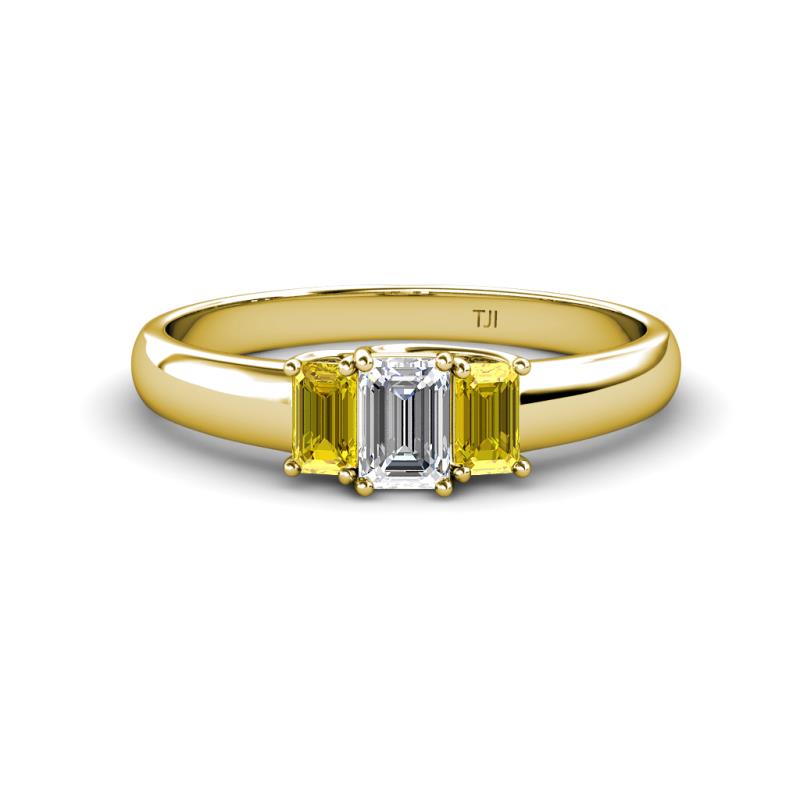Sharon 6x4 mm Emerald Cut Lab Grown Diamond and Yellow Sapphire Trellis Three Stone Engagement Ring 