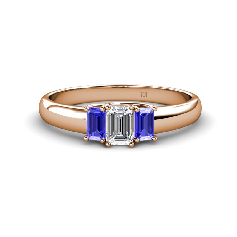 Sharon 6x4 mm Emerald Cut Lab Grown Diamond and Tanzanite Trellis Three Stone Engagement Ring 