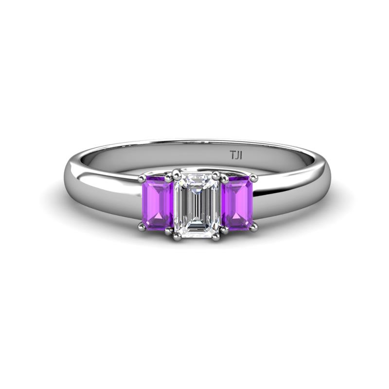 Sharon 6x4 mm Emerald Cut Lab Grown Diamond and Amethyst Trellis Three Stone Engagement Ring 