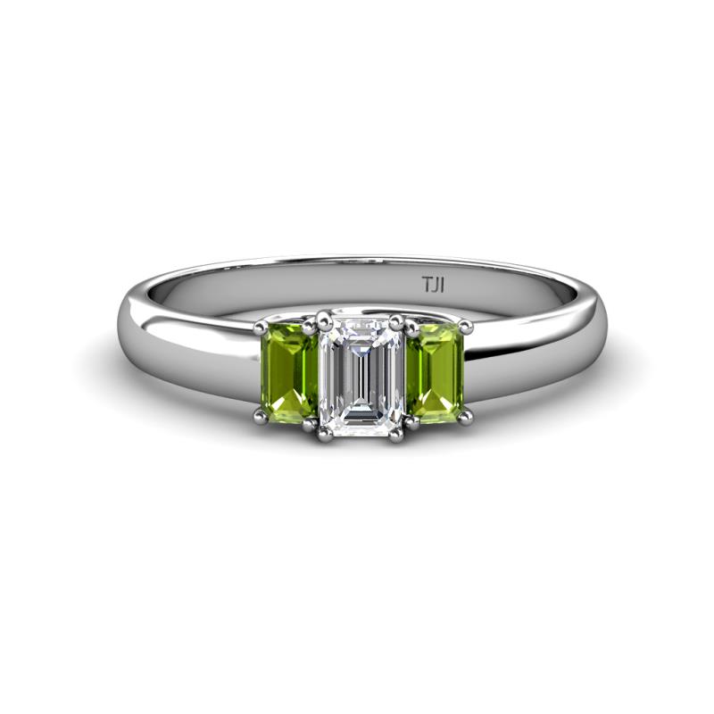 Sharon 6x4 mm Emerald Cut Lab Grown Diamond and Peridot Trellis Three Stone Engagement Ring 