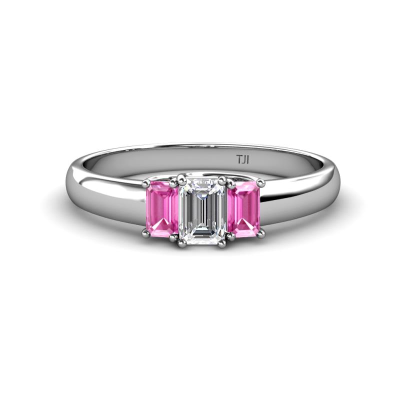Sharon 6x4 mm Emerald Cut Lab Grown Diamond and Pink Sapphire Trellis Three Stone Engagement Ring 