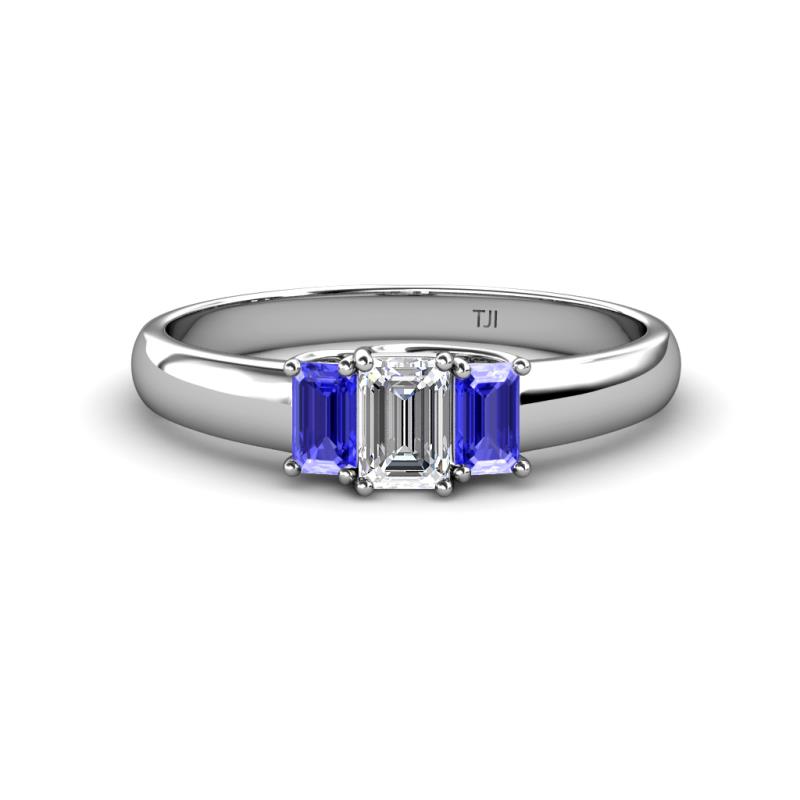 Sharon 6x4 mm Emerald Cut Lab Grown Diamond and Tanzanite Trellis Three Stone Engagement Ring 