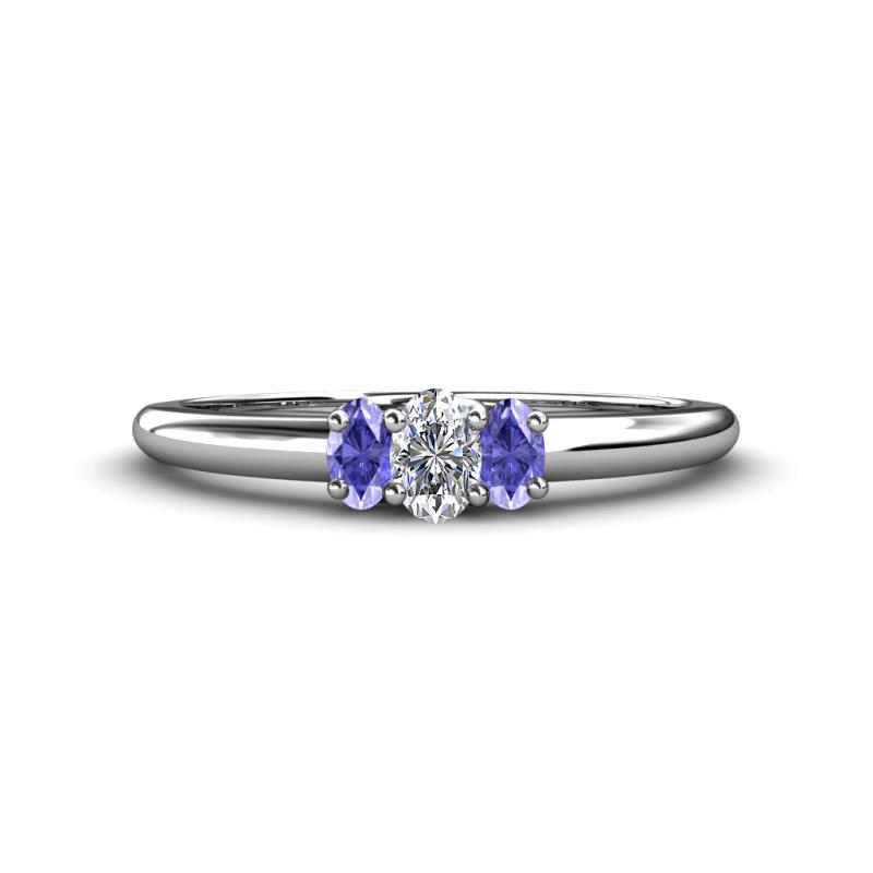 Louisa 6x4 mm Oval Cut Diamond and Tanzanite Trellis Three Stone Engagement Ring 