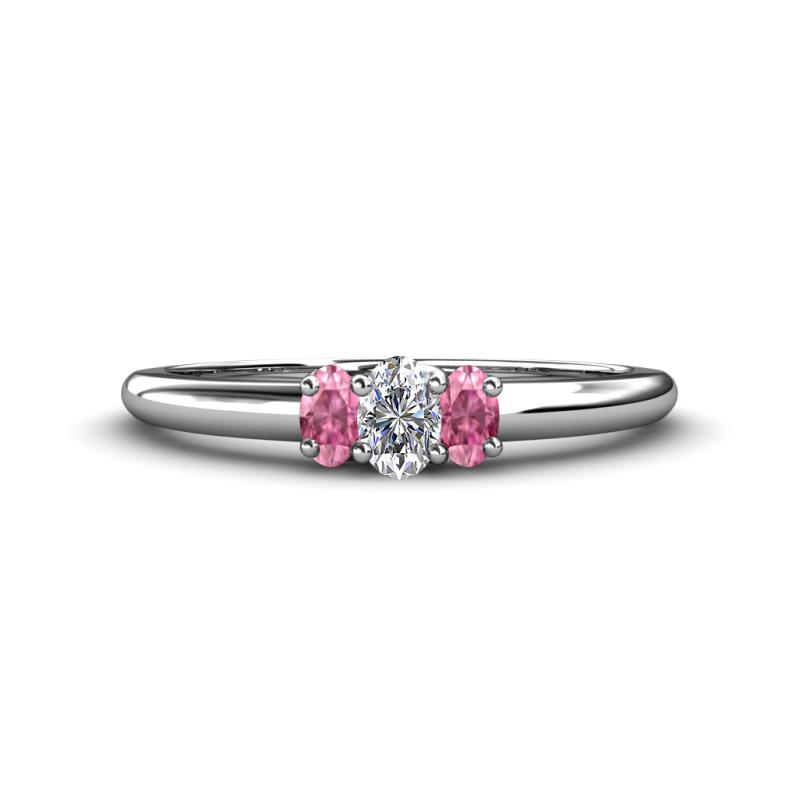 Louisa 6x4 mm Oval Cut Diamond and Pink Tourmaline Trellis Three Stone Engagement Ring 