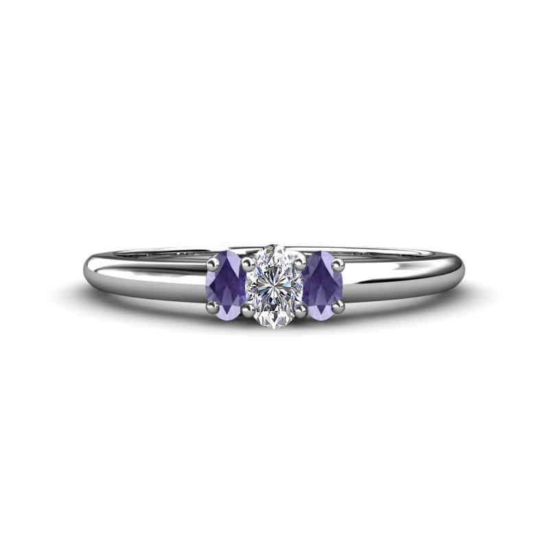 Louisa 6x4 mm Oval Cut Diamond and Iolite Trellis Three Stone Engagement Ring 