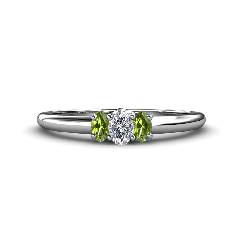 Louisa 6x4 mm Oval Cut Diamond and Peridot Trellis Three Stone Engagement Ring 