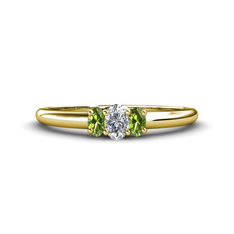 Louisa 6x4 mm Oval Cut Diamond and Peridot Trellis Three Stone Engagement Ring 