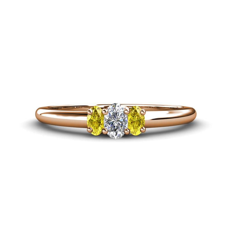Louisa 6x4 mm Oval Cut Diamond and Yellow Sapphire Trellis Three Stone Engagement Ring 