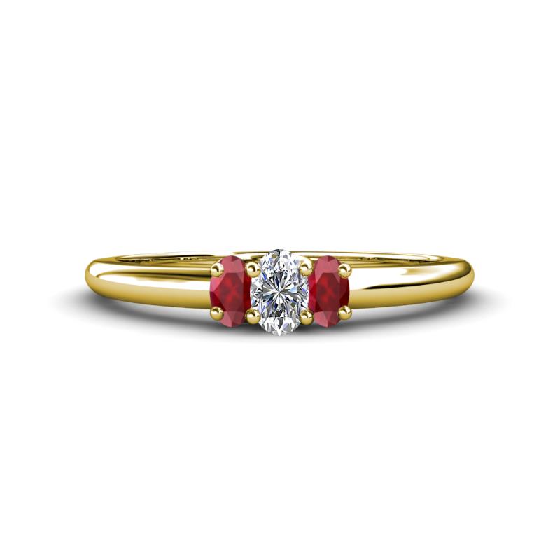 Louisa 6x4 mm Oval Cut Diamond and Ruby Trellis Three Stone Engagement Ring 