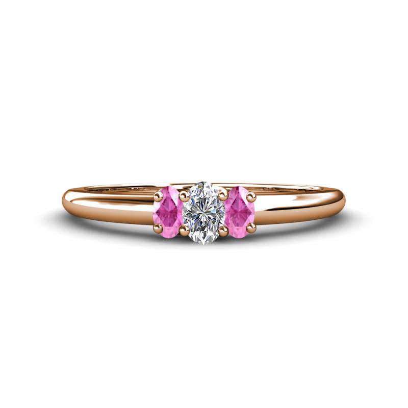 Louisa 6x4 mm Oval Cut Diamond and Pink Sapphire Trellis Three Stone Engagement Ring 