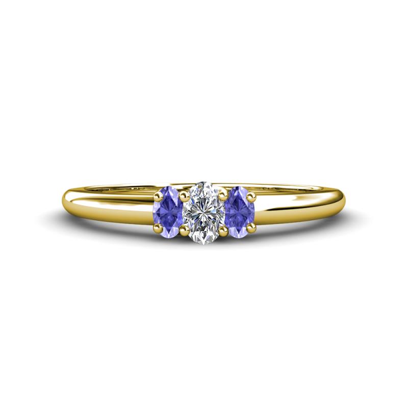 Louisa 6x4 mm Oval Cut Diamond and Tanzanite Trellis Three Stone Engagement Ring 