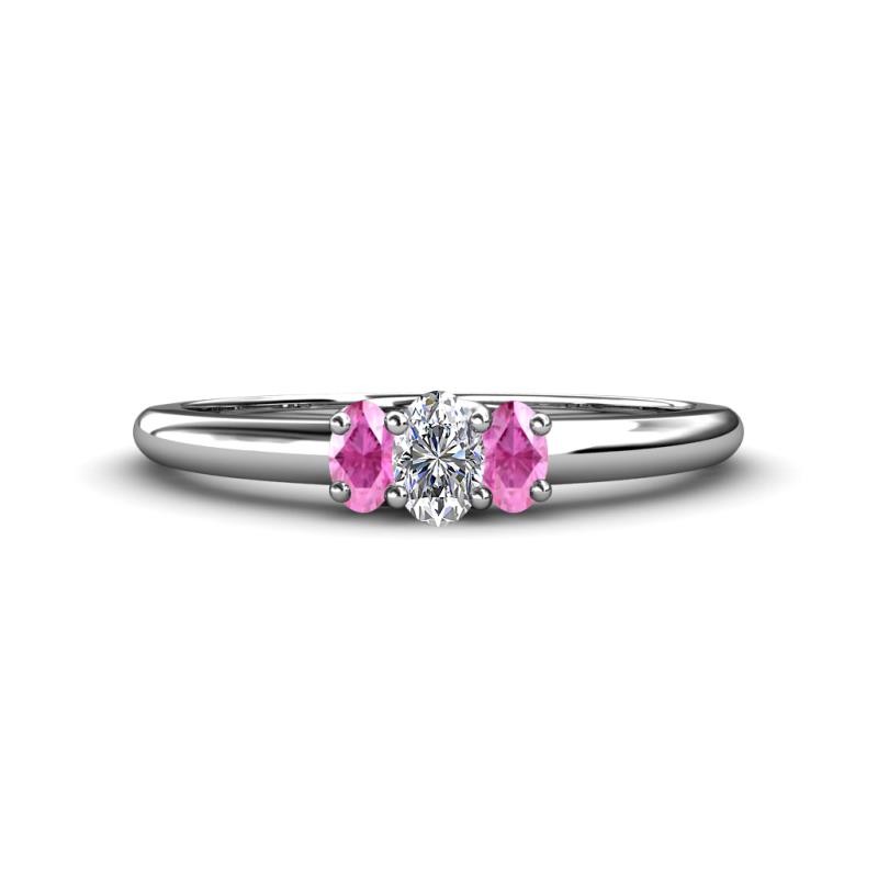 Louisa 6x4 mm Oval Cut Lab Grown Diamond and Pink Sapphire Trellis Three Stone Engagement Ring 