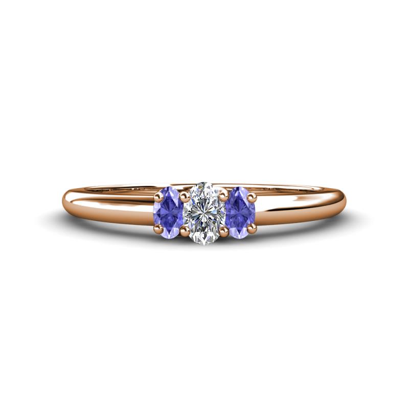 Louisa 6x4 mm Oval Cut Lab Grown Diamond and Tanzanite Trellis Three Stone Engagement Ring 