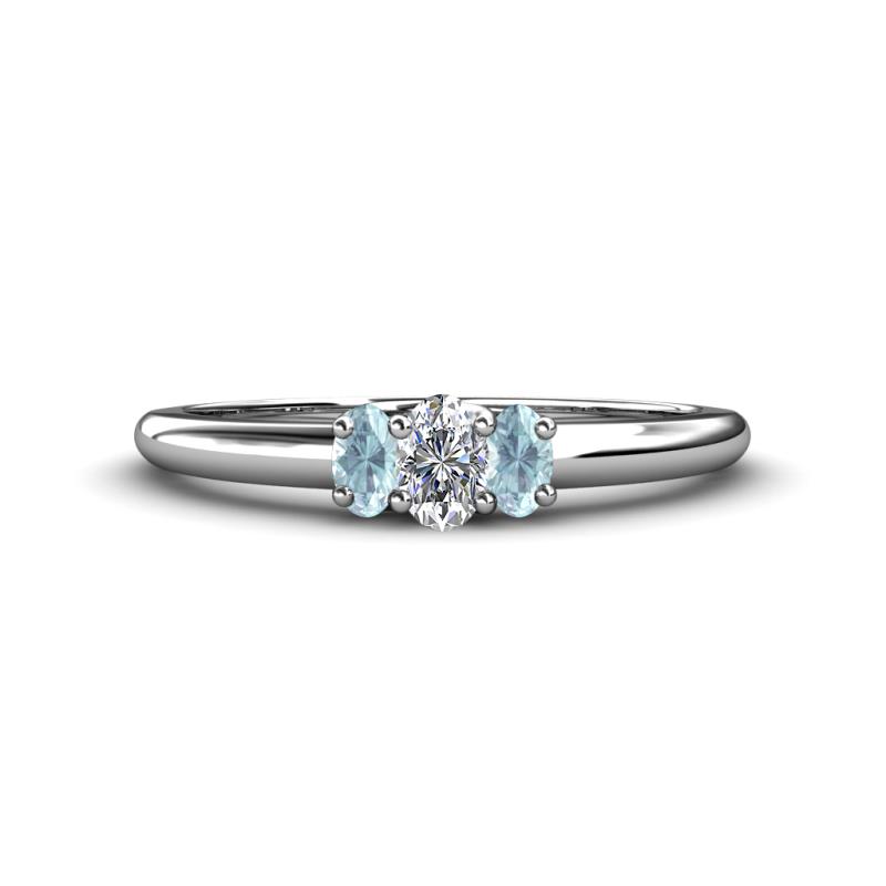 Louisa 6x4 mm Oval Cut Lab Grown Diamond and Aquamarine Trellis Three Stone Engagement Ring 