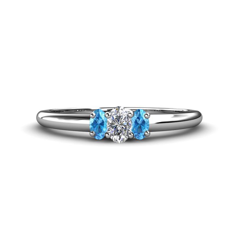 Louisa 6x4 mm Oval Cut Lab Grown Diamond and Blue Topaz Trellis Three Stone Engagement Ring 