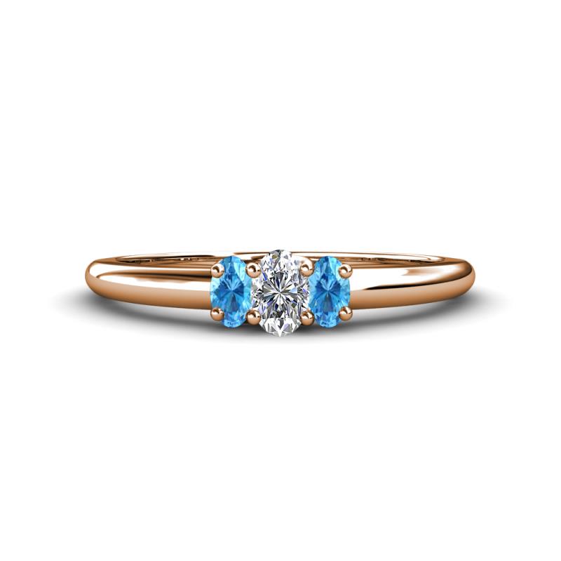 Louisa 6x4 mm Oval Cut Lab Grown Diamond and Blue Topaz Trellis Three Stone Engagement Ring 