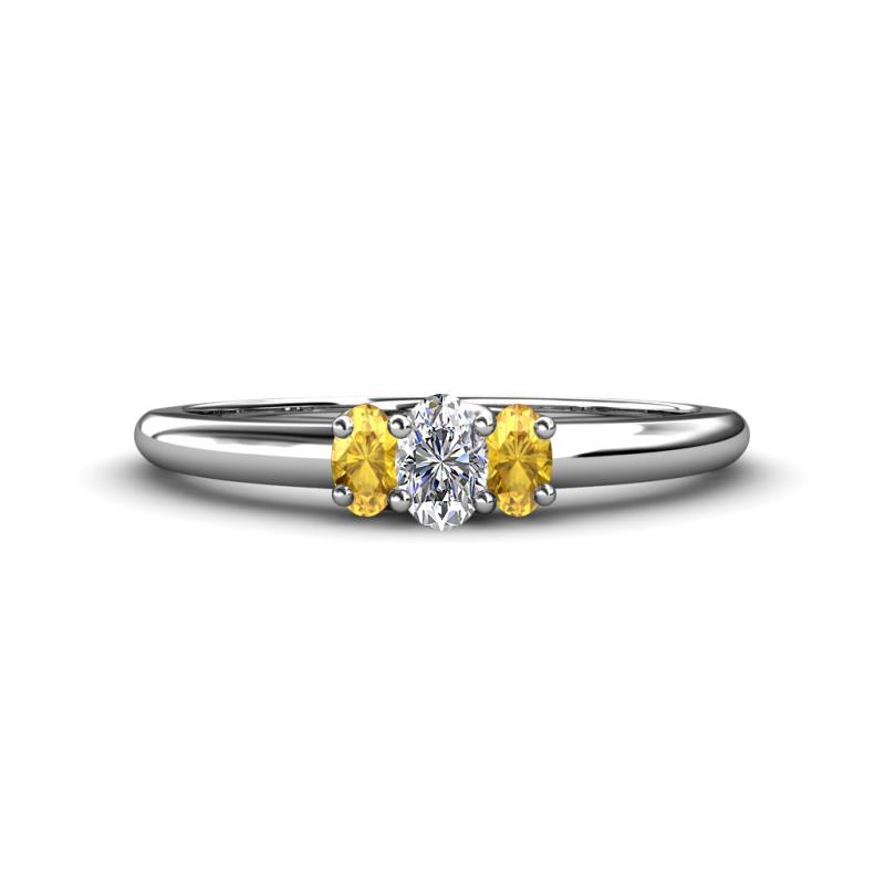 Louisa 6x4 mm Oval Cut Lab Grown Diamond and Citrine Trellis Three Stone Engagement Ring 