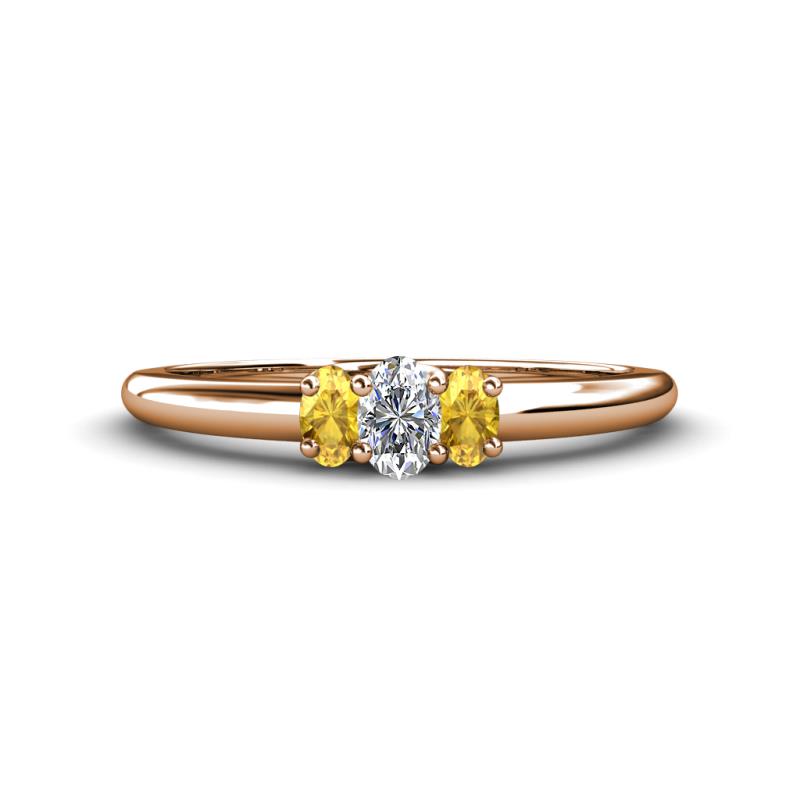 Louisa 6x4 mm Oval Cut Lab Grown Diamond and Citrine Trellis Three Stone Engagement Ring 