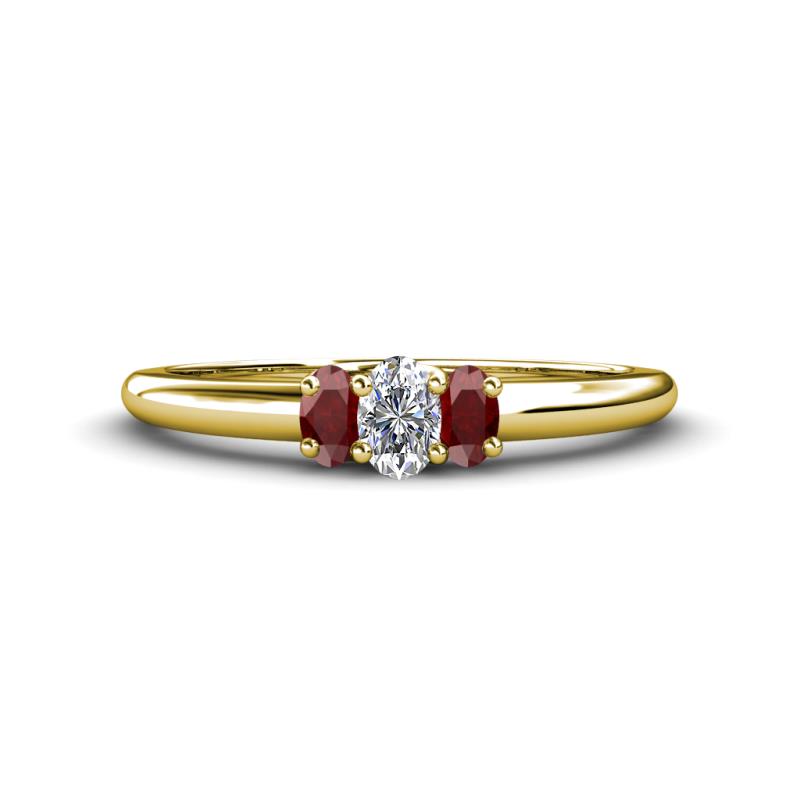 Louisa 6x4 mm Oval Cut Lab Grown Diamond and Red Garnet Trellis Three Stone Engagement Ring 