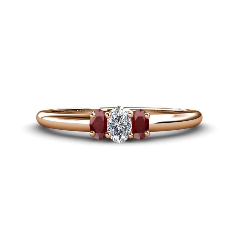 Louisa 6x4 mm Oval Cut Lab Grown Diamond and Red Garnet Trellis Three Stone Engagement Ring 