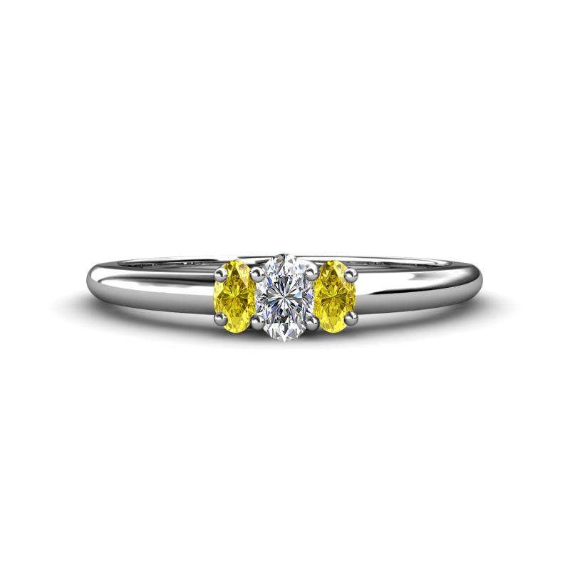 Louisa 6x4 mm Oval Cut Lab Grown Diamond and Yellow Sapphire Trellis Three Stone Engagement Ring 