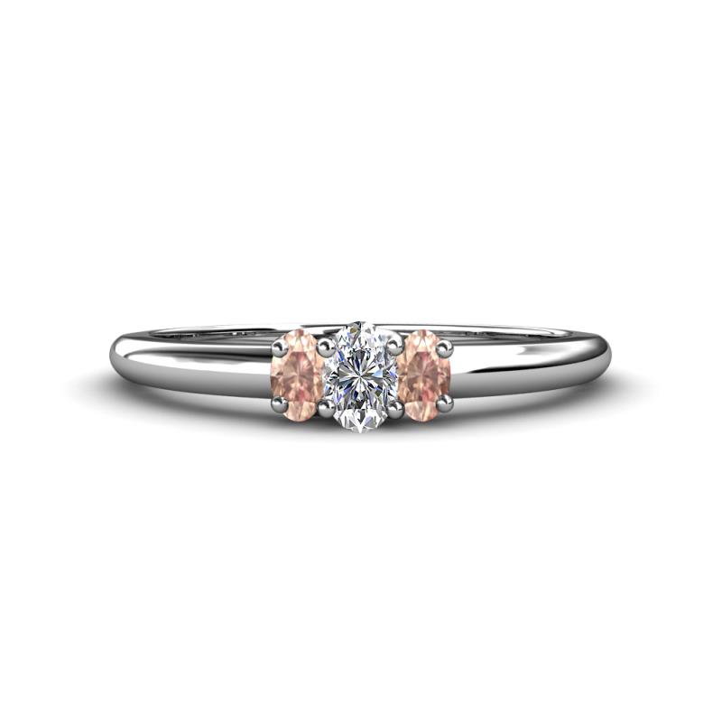Louisa 6x4 mm Oval Cut Lab Grown Diamond and Morganite Trellis Three Stone Engagement Ring 