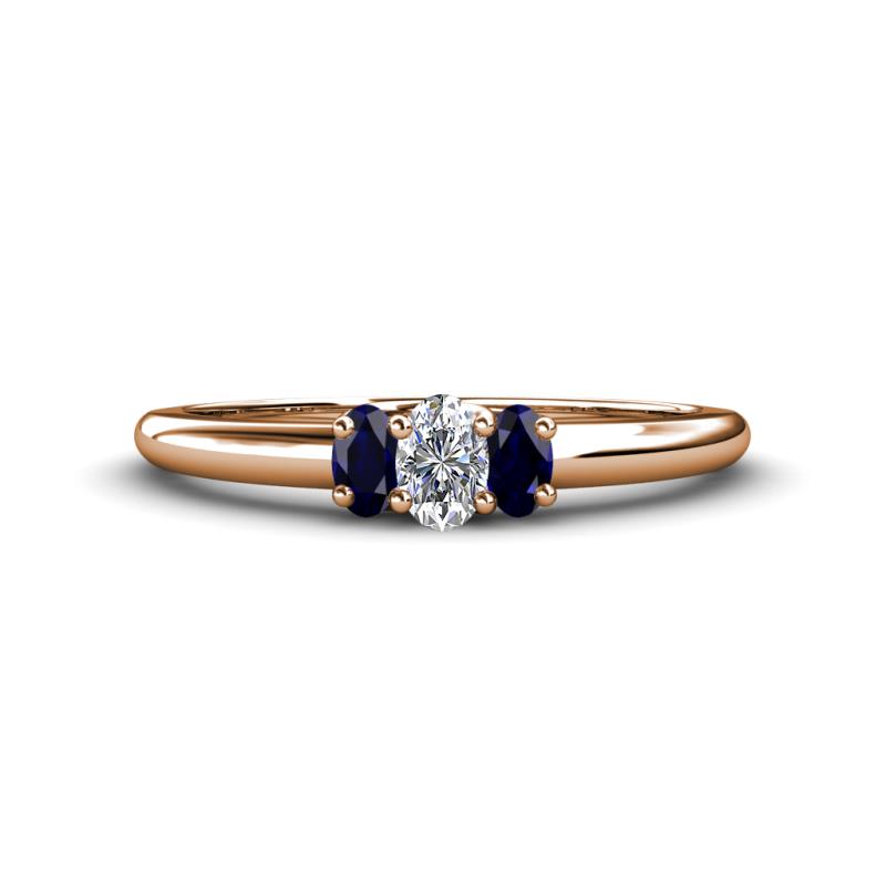 Louisa 6x4 mm Oval Cut Lab Grown Diamond and Blue Sapphire Trellis Three Stone Engagement Ring 