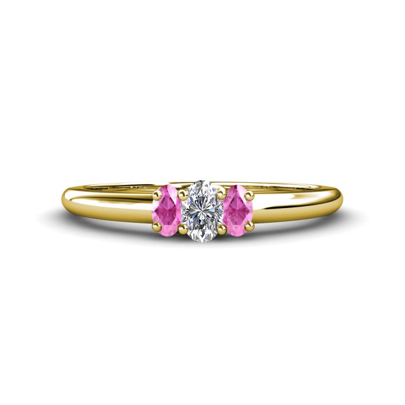 Louisa 6x4 mm Oval Cut Lab Grown Diamond and Pink Sapphire Trellis Three Stone Engagement Ring 