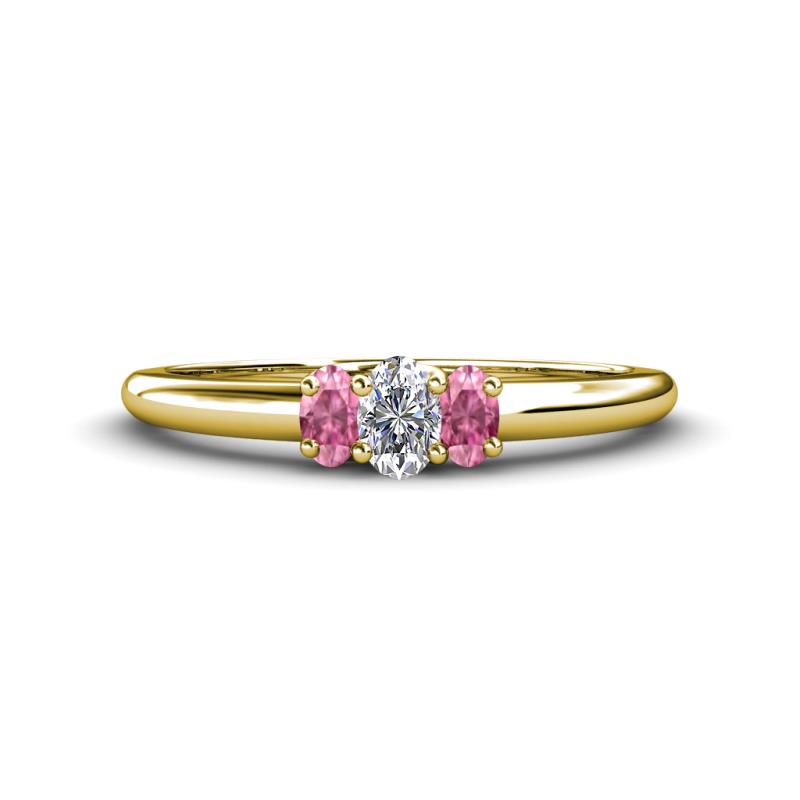 Louisa 6x4 mm Oval Cut Lab Grown Diamond and Pink Tourmaline Trellis Three Stone Engagement Ring 