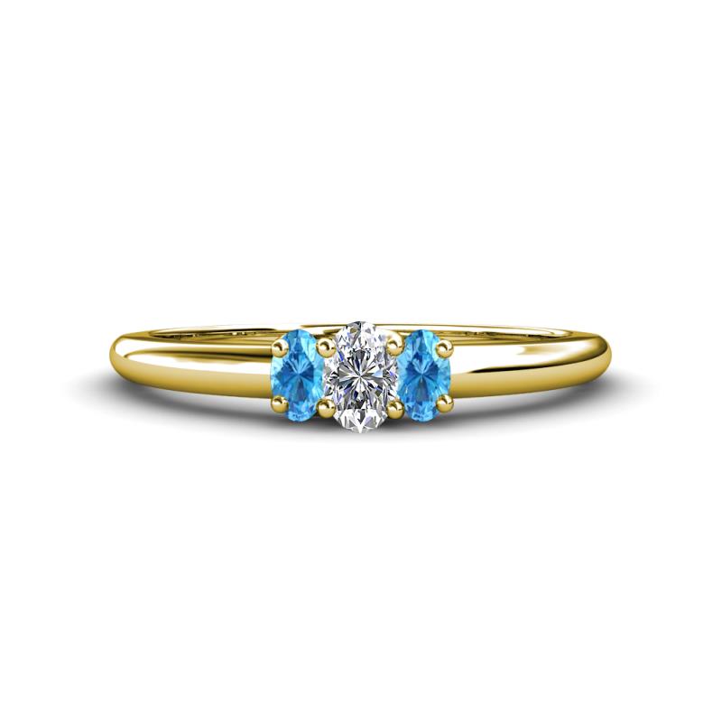 Louisa 6x4 mm Oval Cut Lab Grown Diamond and Blue Topaz Trellis Three Stone Engagement Ring 