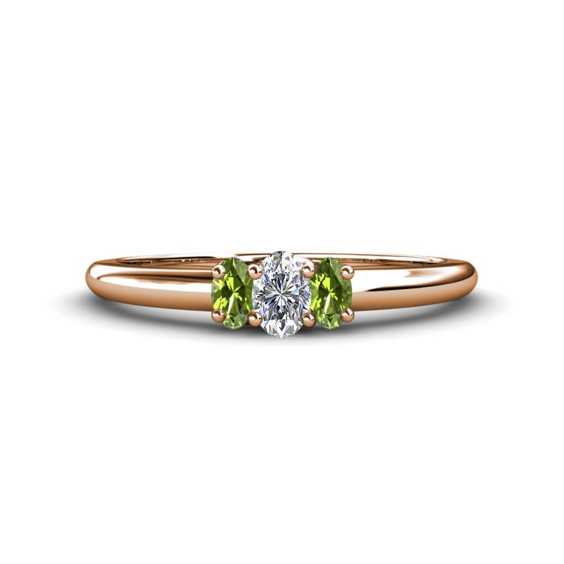 Louisa 6x4 mm Oval Cut Lab Grown Diamond and Peridot Trellis Three Stone Engagement Ring 