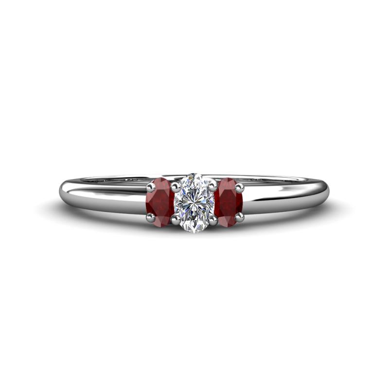 Louisa 6x4 mm Oval Cut Lab Grown Diamond and Red Garnet Trellis Three Stone Engagement Ring 