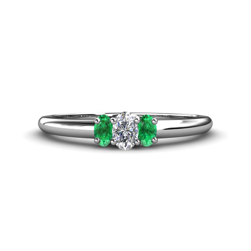 Louisa 6x4 mm Oval Cut Lab Grown Diamond and Emerald Trellis Three Stone Engagement Ring 