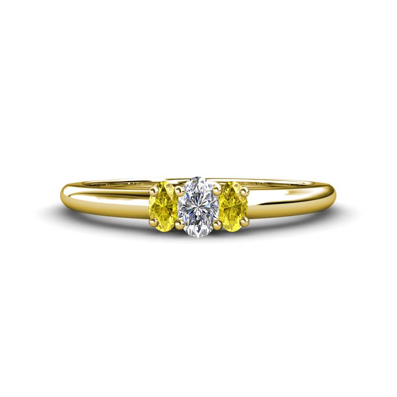 Louisa 6x4 mm Oval Cut Lab Grown Diamond and Yellow Sapphire Trellis Three Stone Engagement Ring 