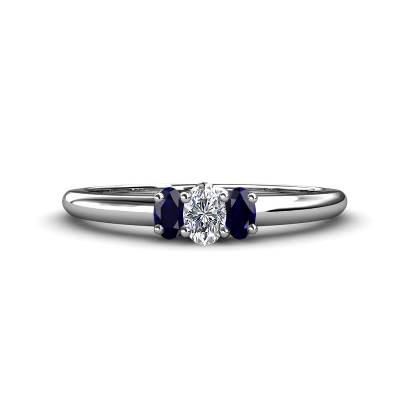 Louisa 6x4 mm Oval Cut Lab Grown Diamond and Blue Sapphire Trellis Three Stone Engagement Ring 