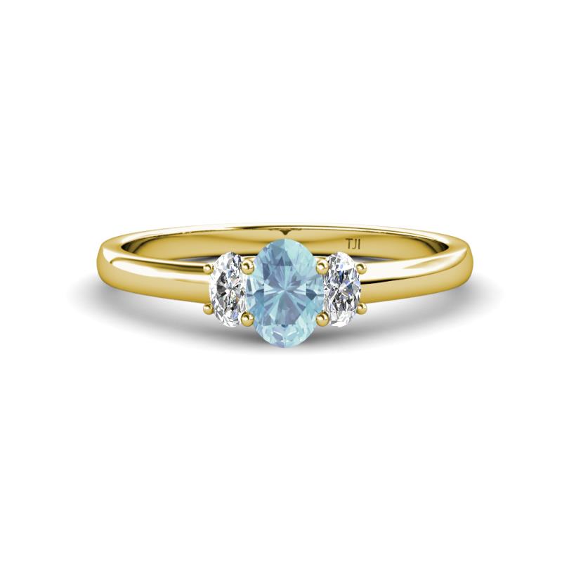 14k Yellow Gold Oval Aquamarine And Diamond Three Stone Ring 