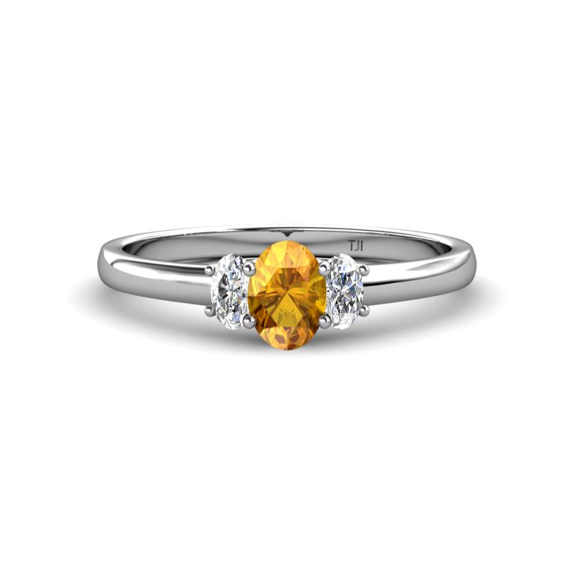 Gemma 7x5 mm Oval Cut Citrine and Diamond Trellis Three Stone Engagement Ring 
