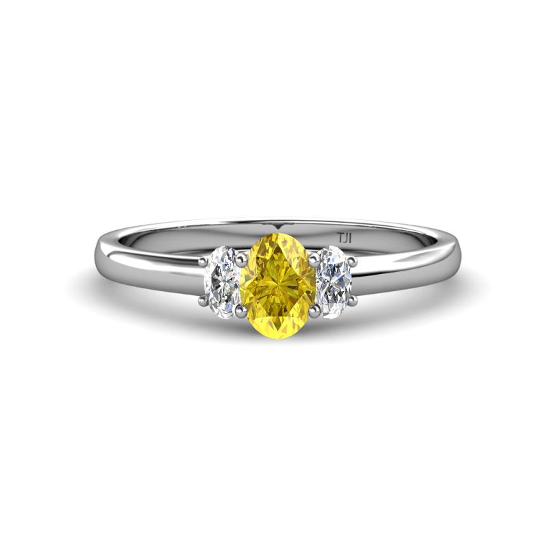 Gemma 7x5 mm Oval Cut Yellow Sapphire and Diamond Trellis Three Stone Engagement Ring 