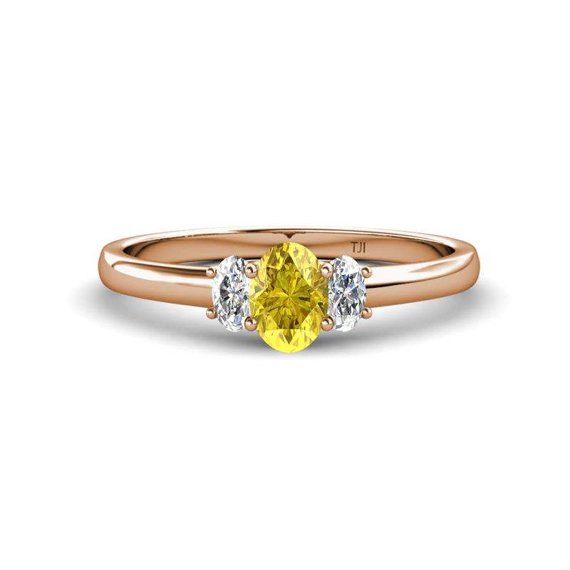 Gemma 7x5 mm Oval Cut Yellow Sapphire and Diamond Trellis Three Stone Engagement Ring 