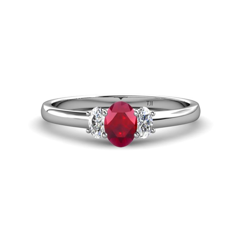 Gemma 7x5 mm Oval Cut Ruby and Diamond Trellis Three Stone Engagement Ring 