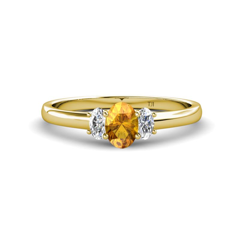 Gemma 7x5 mm Oval Cut Citrine and Diamond Trellis Three Stone Engagement Ring 