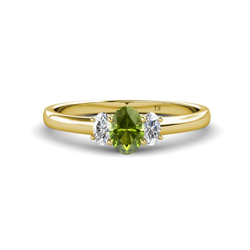 Gemma 7x5 mm Oval Cut Peridot and Diamond Trellis Three Stone Engagement Ring 