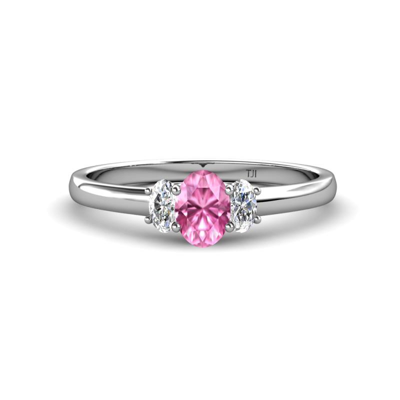 Gemma 7x5 mm Oval Cut Pink Sapphire and Diamond Trellis Three Stone Engagement Ring 
