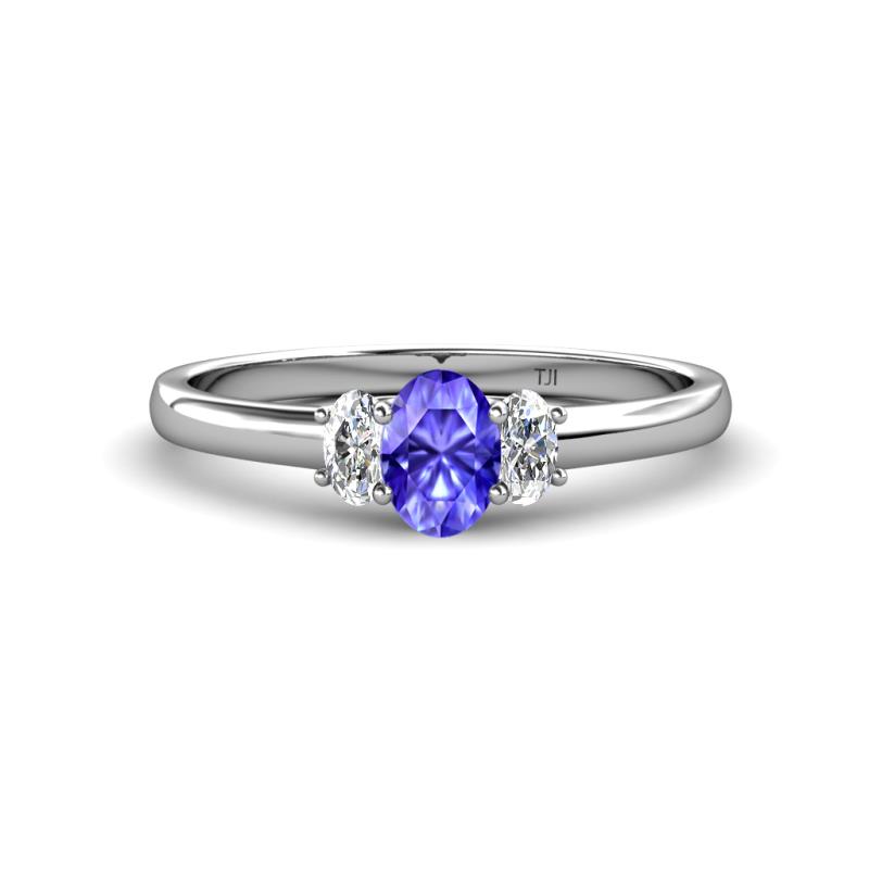 Gemma 7x5 mm Oval Cut Tanzanite and Diamond Trellis Three Stone Engagement Ring 