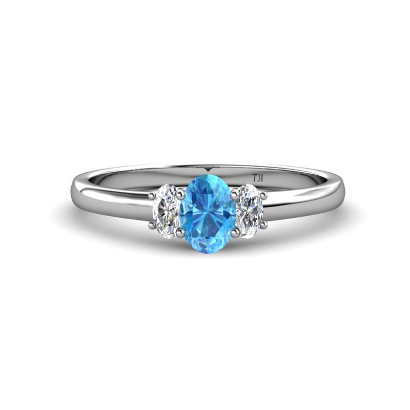 Gemma 7x5 mm Oval Cut Blue Topaz and Diamond Trellis Three Stone Engagement Ring 