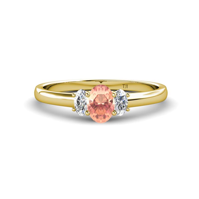 Gemma 7x5 mm Oval Cut Morganite and Diamond Trellis Three Stone Engagement Ring 